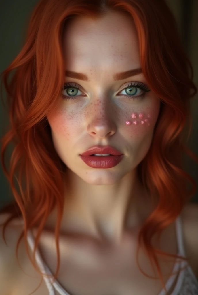  21 year old redheaded woman with a more mature face with a more mature face with a more mature face with a more mature face, pale skin, freckles, Red hair teal eyes ,  fleshy and shiny lips , labia majora, thick lips, parted lips,  light pink glitter , 