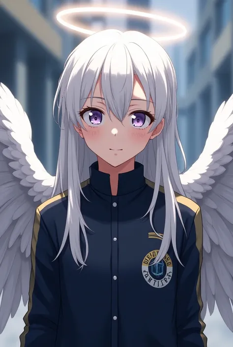 I want you to play a male character from the anime My Hero Academy,  uniform with big angel wings ,  long white hair straight up to the neck with gray lights, The U .a. violet eyes,  freckles across the face and smiling .