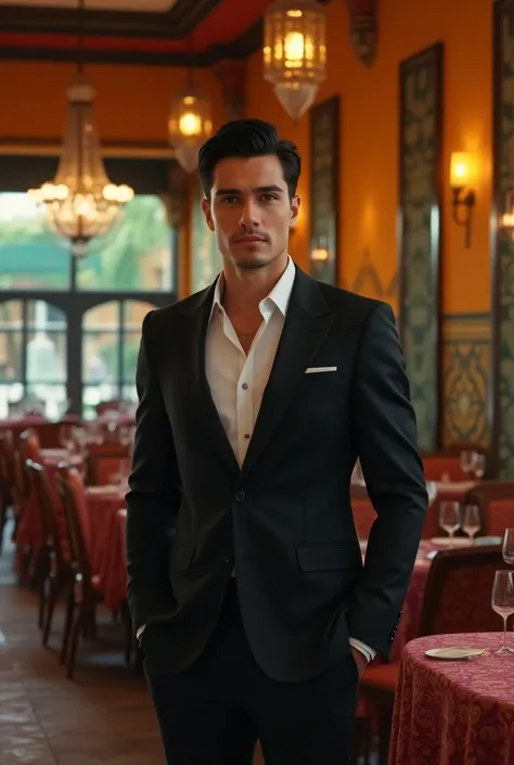 An attractive and elegant young Mexican man with a restaurant 