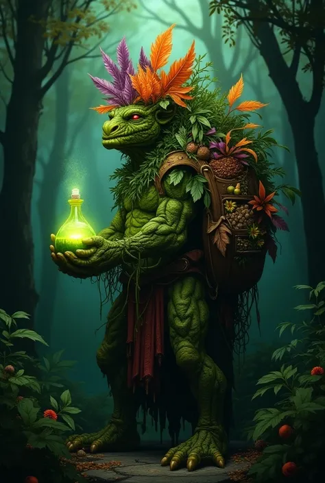 Plant person, covered in leaves, plant humanoid, green poisons leaves, purple leaves, orange leaves, in a dark forest, holding a green poison potion, made of leaves, less humanoid face, wearing a floral side satchel, side bag has ingredients sticking out o...