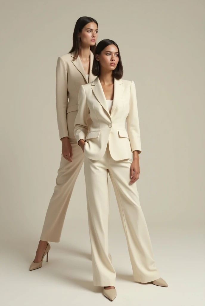 Image of models with basic clothes in neutral tones such as a black dress, blazer, jeans