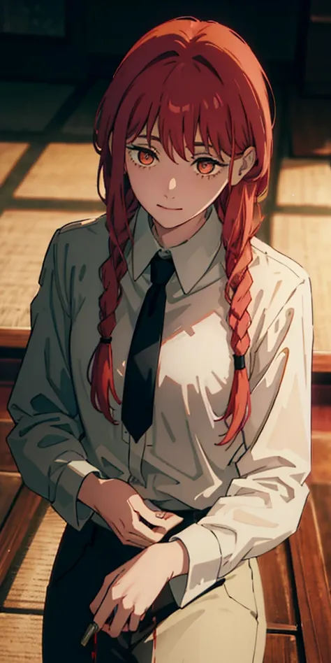 fleeing (man chainsaw), holding knife, rain of blood, 1 girl, only, standing, Red hair, long braided hair, golden eyes, fringe, medium breasts, White shirt, tie, meet, They are smiling, (bad:1.2),  looking at the spectator, (interview:1.3), Dark background...