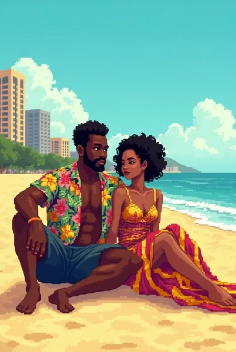 I want a Pixel art of two black people a man and a woman sitting on the sand of Copacabana Beach in pixel art