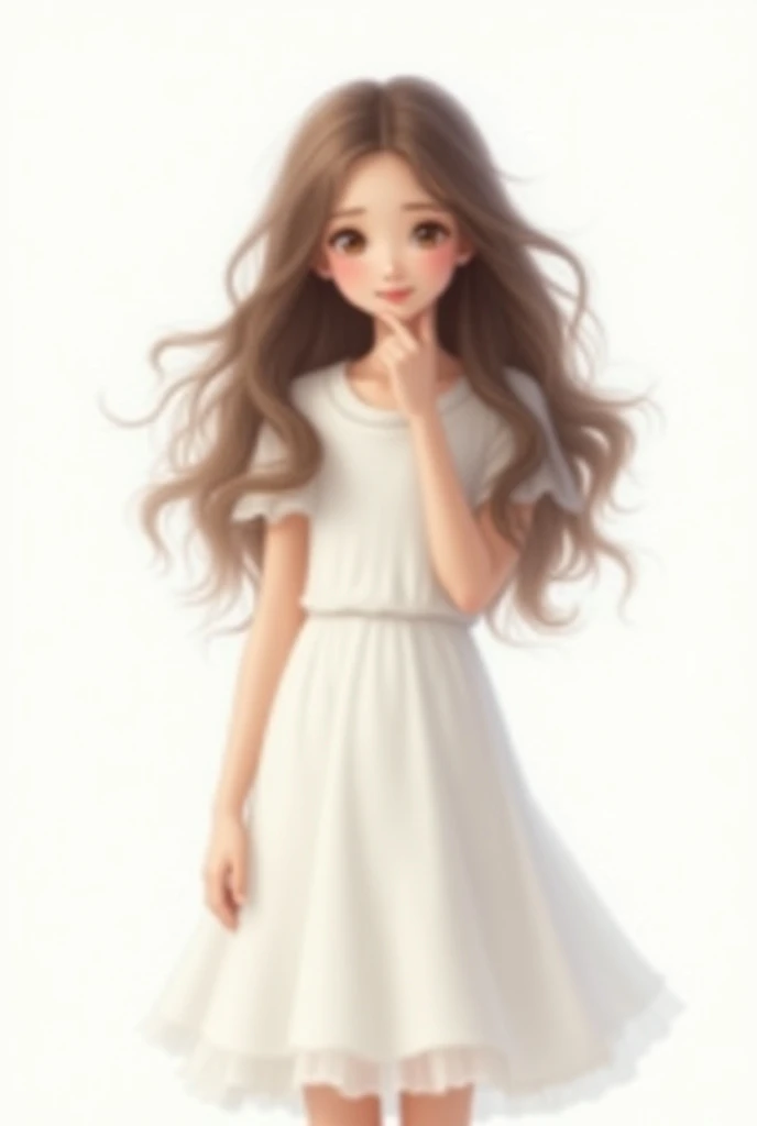  Beautiful happy  girl with long hair, white knee-length dress , Fitted waist, short sleeves. image with white background