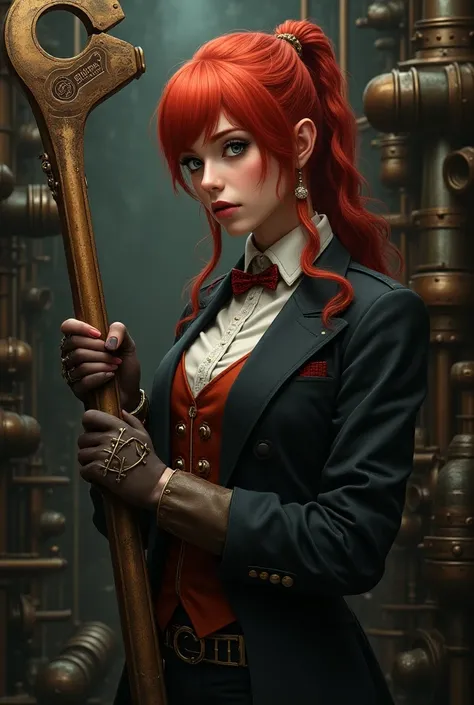 ( ,4K,8k,   High resolution   , masterpiece:1.2),super detailed,  full body whole, Um you, Steampunk, holding a large wrench, red-haired,