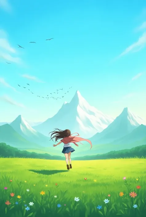  Imagine a vast open field under a clear blue sky , with soft white clouds .  In the center of the scene ,  a young woman with long, loose hair ,  dressed in a short cape that shakes in the wind ,  runs freely through tall grass and flowers of many colors....