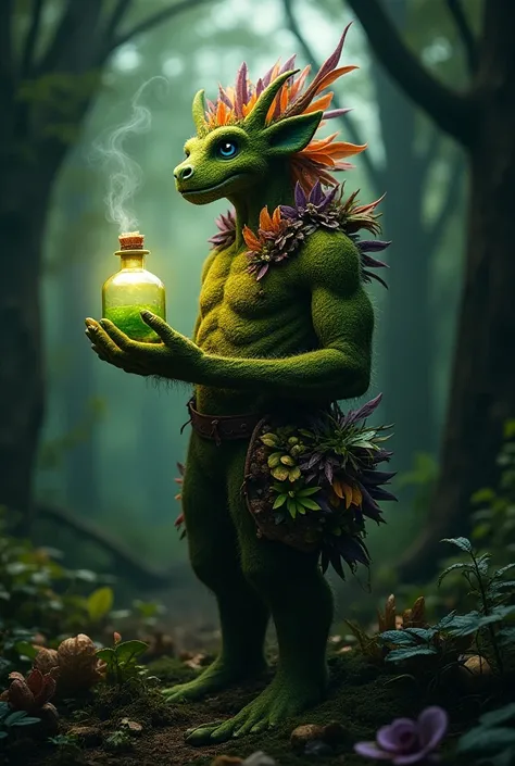 Plant person, covered in leaves, plant humanoid, green poisons leaves, purple leaves, orange leaves, in a dark forest, holding a green poison potion, made of leaves, less humanoid face, wearing a floral side satchel, side bag has ingredients sticking out o...