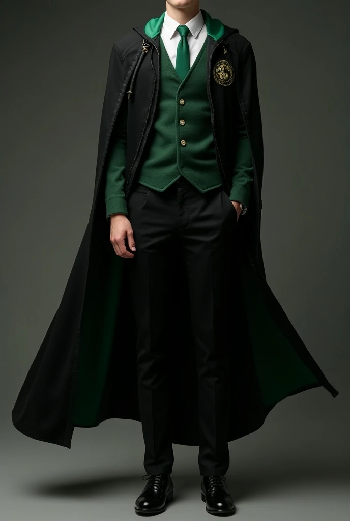  Your Hogwarts uniform is a perfect mix of audacity and elegance. 🤩 The pants are black , tight,  ideal for adventures ,  with green details that shine slightly .  The cape flows behind you ,  with a dark green lining and your Slytherin shield on his chest...