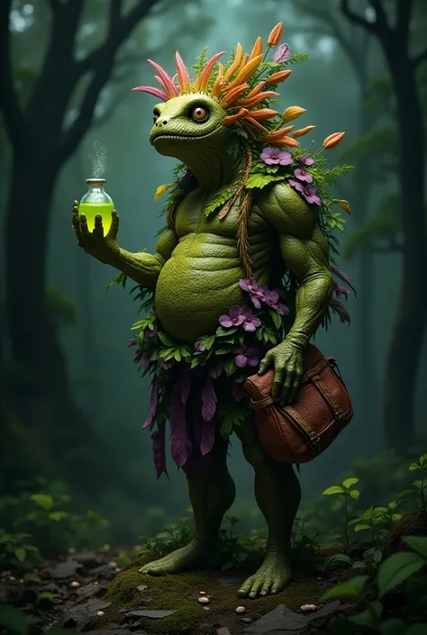 Plant person, covered in leaves, plant humanoid, green poisons leaves, purple leaves, orange leaves, in a dark forest, holding a green poison potion, made of leaves, less humanoid face, wearing a floral side satchel, side bag has ingredients sticking out o...