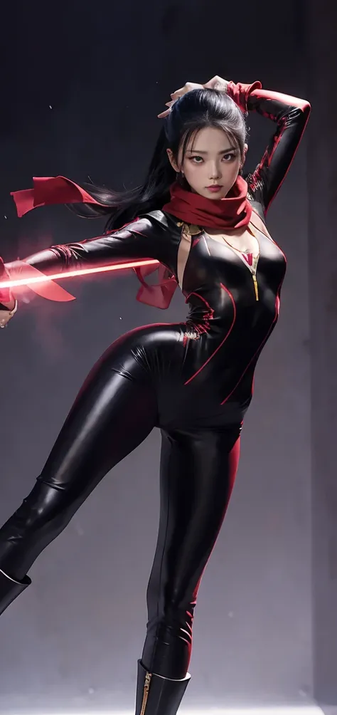 Accurate 、Full Body Photo 、Standing in her full height from head to toe 、Studio background 、Long black hair、 Karina from Aespa、Wearing a super tight ruby coloured zero suit 、Ruby zero boots 、Holding a double dagger with an electric effect、Ruby helmet 、Ruby...