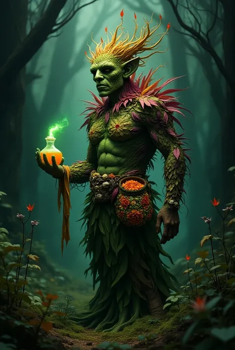 Plant person, covered in leaves, plant humanoid, green poisons leaves, purple leaves, orange leaves, in a dark forest, holding a green poison potion, made of leaves, less humanoid face, wearing a floral side satchel, side bag has ingredients sticking out o...