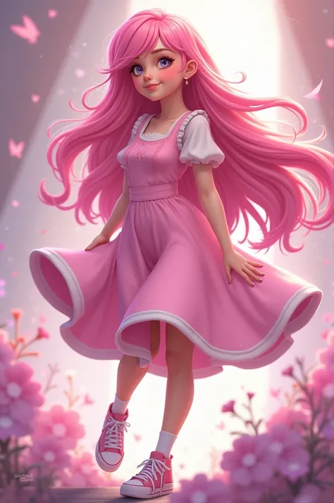 Female character with long pink hair full of blush wearing a pink dress and pink arm warmers with pink sneakers