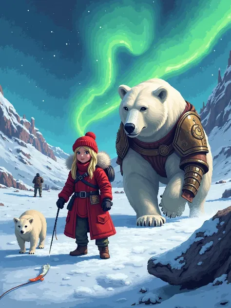 a (((“16 bit pixel art”))) promotional poster for a video game based on the novel "The Golden Compass" by Philip Pullman, featuring a blonde girl in arctic weather gear, a white ermine, a frozen dead fish, a massive polar bear wearing plate armor, sled-dog...