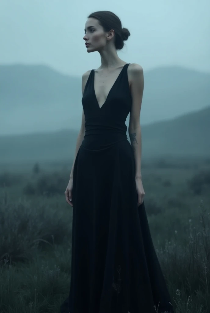 Model on a background with cold colors wearing a black dress 