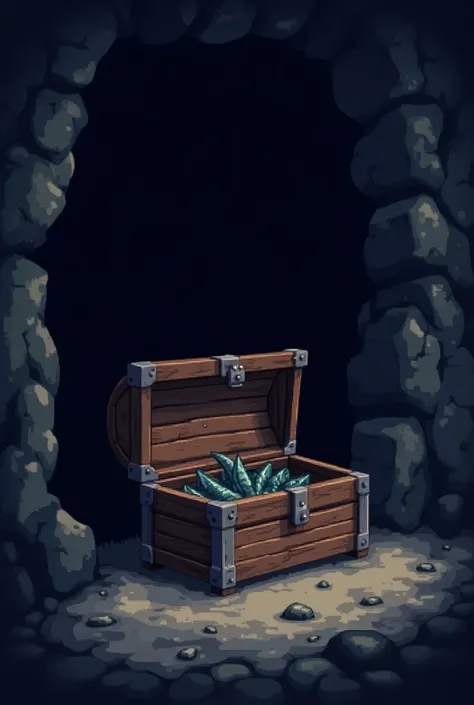 Make a pixel ART drawing of an open Minecraft chest with small dragon teeth inside a cave
