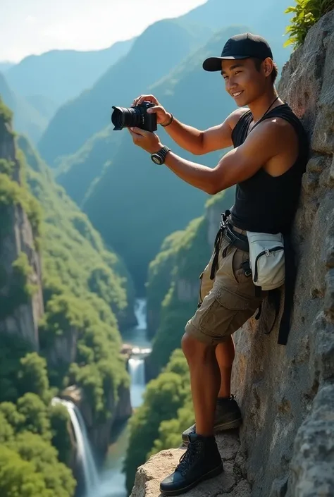 Front look,Cool photography style, sports extreme shades of rocky cliff, A young and handsome Sundanese man ,wears a black baseball cap upside down backwards , wears black singlet t-shirt ,brown cargo shorts , black cliff climber shoes , wearing a watch ,c...