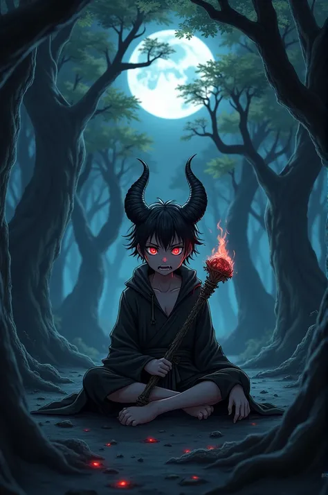 Demon Boy anime 
Sitting in a forest at night