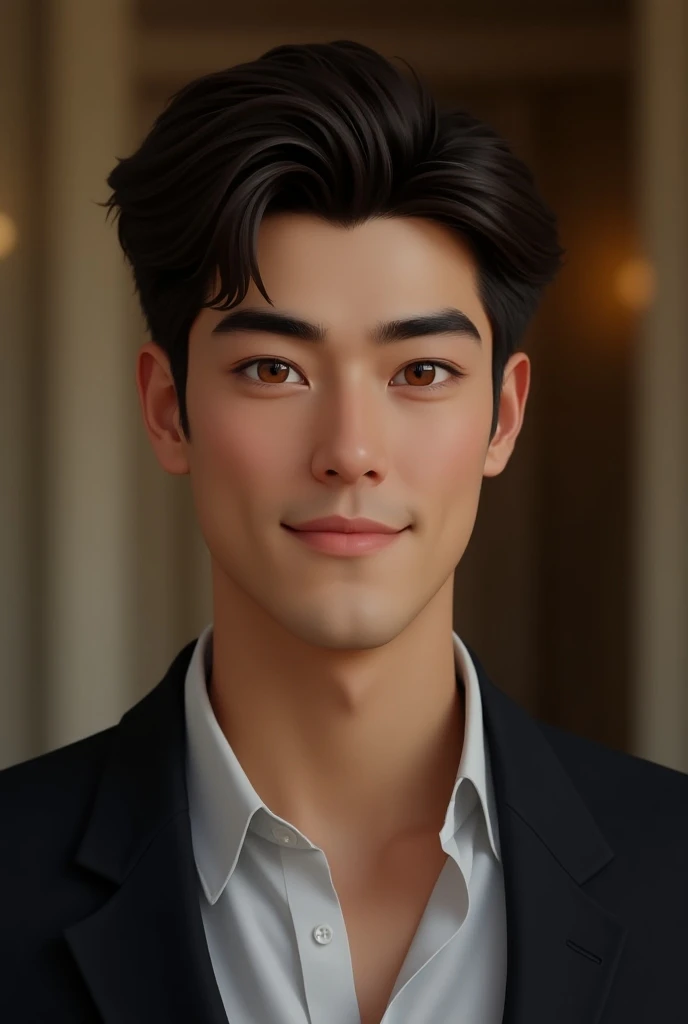 A young adult male aged 23 years with physical features:  Brown-brown eyes , slanted eyes, Medium nose, normal mouth , short straight hair,  brushed sideways , Mullet style cut , with a smile, diamond face,  with bushy eyebrows, prominent chin,  on a class...