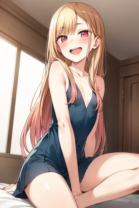 ((Best Quality)), ((masterpiece)), (be familiar with),  perfect face, indoor, bedroom,  watching viewers,
One woman, Kitagawa Marin,
Open Mouth, Ecstatic expression, blush, smile,
Small breasts,  flat chest, , , , Girl,
Long Hair,  long hair,
Leg spread,