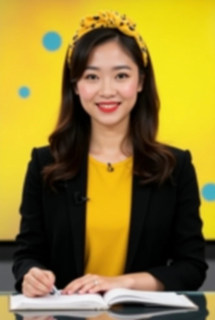 In the photo, a beautiful young Vietnamese girl is appearing in a news broadcast. She is wearing a black coat with a yellow shirt underneath. Her hair is straight, shoulder-length, and left down naturally. She has a gentle and professional expression, suit...