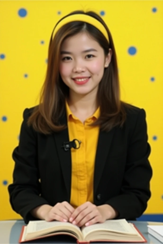 In the photo, a beautiful young Vietnamese girl is appearing in a news broadcast. She is wearing a black coat with a yellow shirt underneath. Her hair is straight, shoulder-length, and left down naturally. She has a gentle and professional expression, suit...