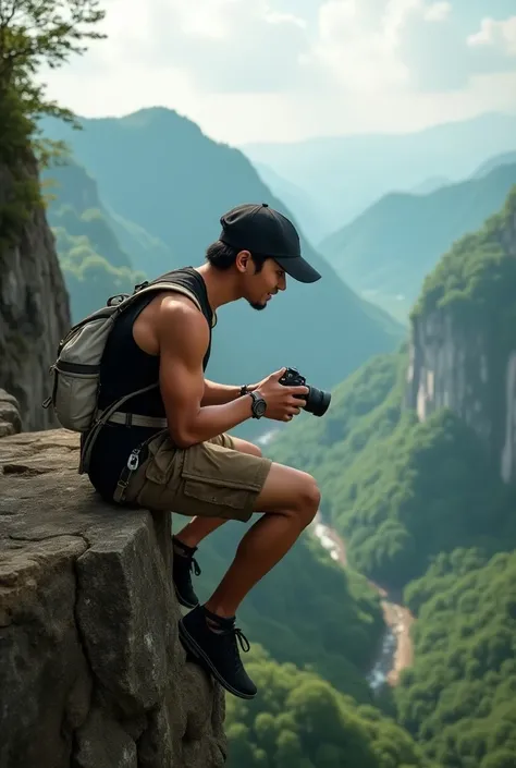 Front look,Cool photography style, sports extreme shades of rocky cliff, A young and handsome Sundanese man ,wears a black baseball cap upside down backwards , wears black singlet t-shirt ,brown cargo shorts , black cliff climber shoes , wearing a watch ,c...