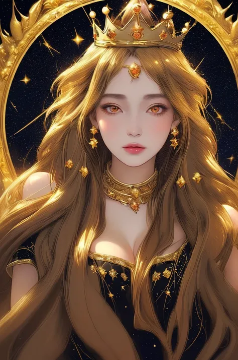 Beautiful woman, wearing a golden crown and fantasy royal dress, long hair, royal background, starry sky background, big breasts covered with royal clothes, natural lips, round eyes, fantastic, clearly visible, 64K image quality, Ultra Hd