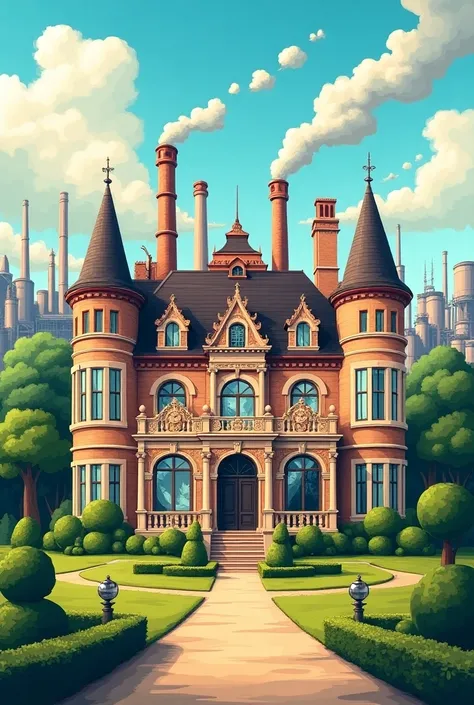 cartoon of a luxurious house and a factory in the background