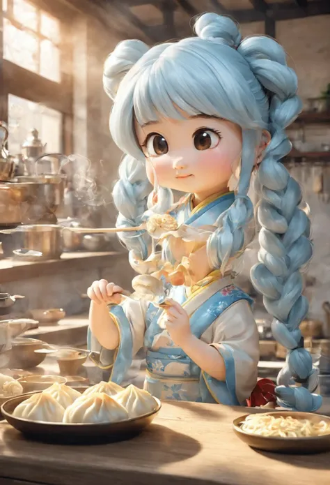 ( best quality, 3d, Ultra-fine,   physically-based rendering  ) In the kitchen,  long light blue hair 、A cute girl with twin tails 、 cute gyoza is depicted, Rich and colorful, Vivid expression,   Mischievous and friendly personality  ,  Delicate and realis...