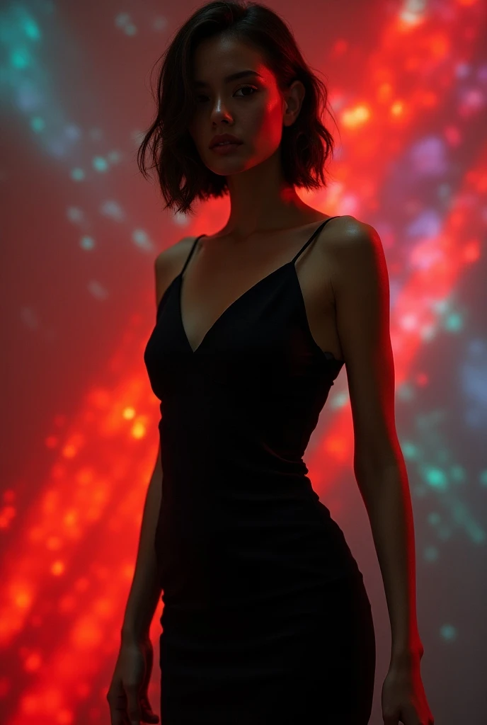 Model on a background with vibrant colors wearing a black dress 