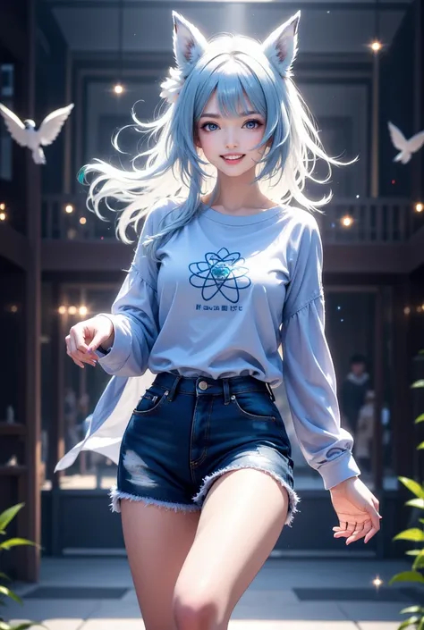  a very feminine girl :1.5, ( denim mini shorts that cover only half of the buttocks1.4), ( very tight blouse :1.3),  the shirt must have a symbol of an atom , blue color, (large breasts1 .2),  small waist , ( long and defined legs1 .1),  light blue hair ,...