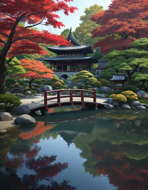 a traditional japanese garden with a large pond, the still water surface reflecting the red maple trees, a wooden arched bridge ...