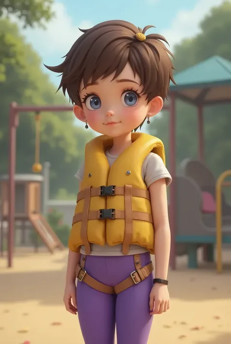 White girl , 10y, 1:3, standing, side view, short white top, violet leggings, tight leggings, yellow lifejacket with straps, lifejacket has strap in crotch, short pixie hair, brown hair, small earrings, hair pin, blue eyes, shy, playground, ren in backgrou...