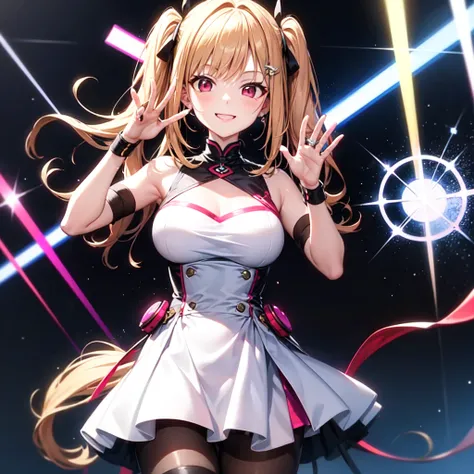 A futuristic female idol named Yui Saionji performing on a live stage in Shin-Baasu City in the year 2300. She is smiling and waving to the audience, wearing a stylish, high-tech outfit with vibrant colors and LED accents. The stage features advanced holog...