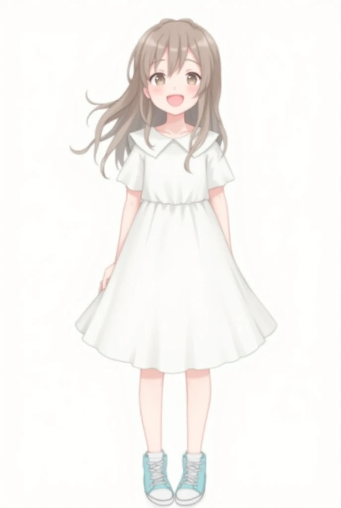  Drawing of 
Happy  girl with long hair, white knee-length dress , Fitted waist, short sleeves, Dont look too thin. image with white background. Converse All Stars sneakers booties color light blue. cute style. On this sketch let the girl have the appearan...