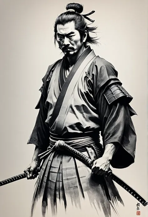 whole body,足元までwhole body,whole body,Japanese Samurai,whole body,just々Hall々,Black and White水墨画，Pen sketch，Gentle brushstrokes， drawing delicate lines with a pen ,Subtle ink shades，Black and White，clean