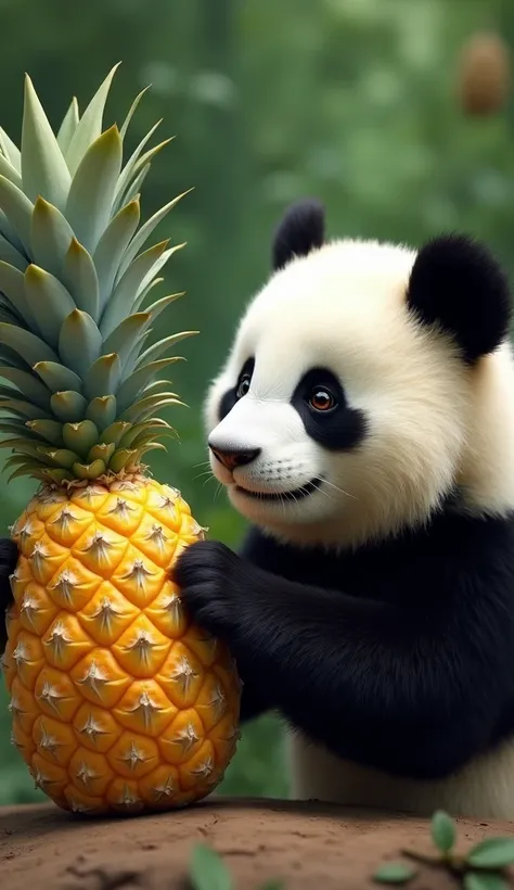 Imagine panda face to face with a pineapple