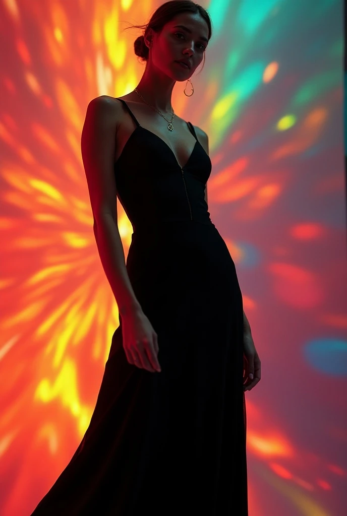 Model on a background with vibrant colors wearing a black dress 