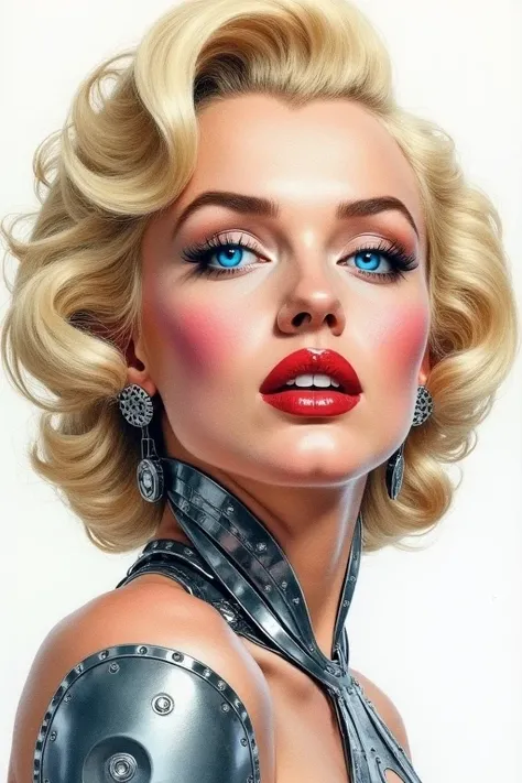 Create a close-up portrait of Marilyn Monroe as a cyborg, looking straight ahead. Her iconic blonde hair and glamorous makeup are subtly blended with mechanical elements, such as chrome metallic patches on her skin and glowing blue eyes. The image is rende...