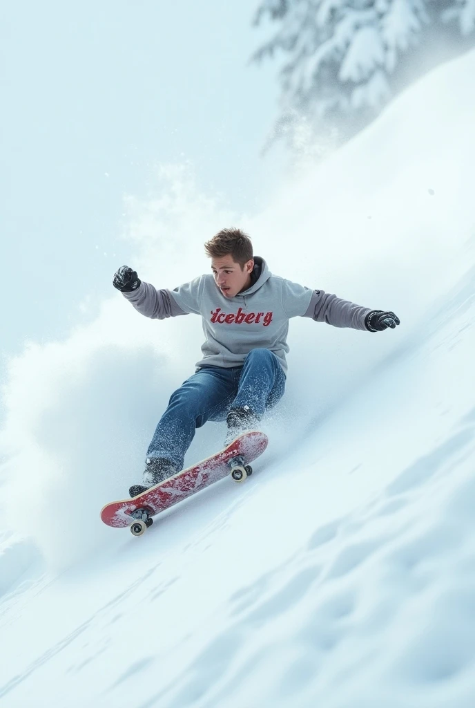 A middle aged boy wearing a T-shirt with the iceberg written on the tshirt on a skateboard, skating down an avalanche 