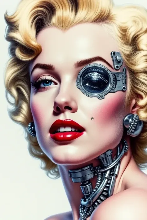 Create a close-up portrait of Marilyn Monroe as a cyborg, once again focusing on her face. This time, her left eye is fully robotic, with intricate machinery visible around it. Her lips are classic Marilyn red, but her expression is both human and coldly m...