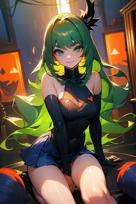 ( best quality, masterpiece:1.2),  High Resolution ,  very detailed , Realistic:1.37,  fantasy, shape, green eyes、((Green Hair)). Queen Platinum Decor、beautiful、 eyeshadow red 、 thick eyebrows、 long eyelashes、The student is black、((Her hair is bright green...