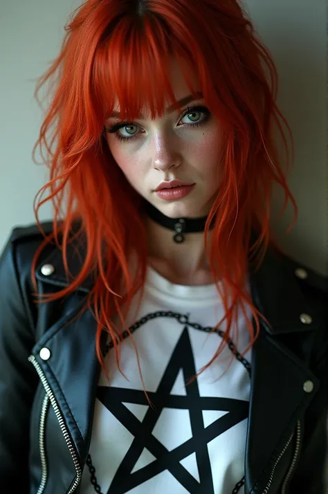 A red-haired teenage girl ,  wearing a black leather jacket and white blouse with a pentagram on the print,  looking like actress Bella Thorne 