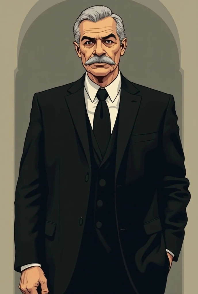  Sad man with a thin white mustache and black suit American comic
