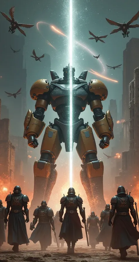 A sprawling futuristic battlefield where the ancient myths of Earth clash with the technological wonders of space. The foreground is dominated by a colossal mecha, a fusion of organic and mechanical components, with the torso of a Greek god and arms that e...