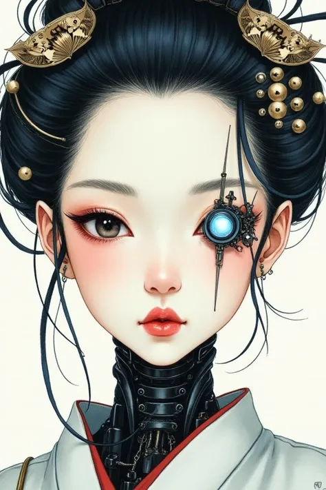 Create a close-up portrait of an Edo-period oiran as a cyborg, facing forward. Her traditional elaborate hairstyle is adorned with metallic kanzashi hairpins, and her face blends the delicate beauty of a courtesan with robotic elements. One of her eyes is ...