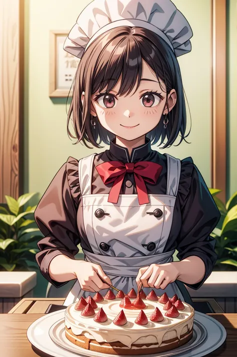 (masterpiece, ultra-detailed, best quality, clear focus, dramatic scene), (ultra-high resolution, 8k), perfect anatomy, perfect face, (detailed face, detailed eye), cute Japanese girl, she is a chef of trendy French restaurant in luxury hotel, serving, sta...