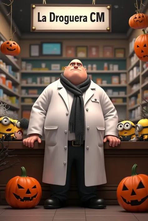 Gru Despicable Me 3 in a white coat, hairless,  wearing a long black and gray scarf behind a pharmacy counter, with a notice that says La Drogueria CM ,  accompanied by some minions and Halloween decoration 