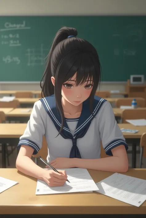  A young lady student with her hair tied up in the shape of a high tail, with a school uniform, takes her exam in a physics classroom 