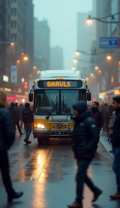 A bus at a stop and blurry people get on. 